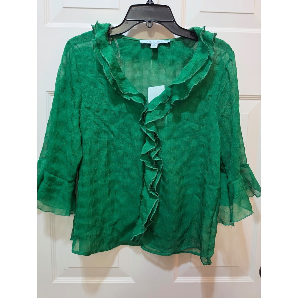 NWT Blue Sol Emerald Green Ruffle Sheer Blouse Bell Sleeve Jacquard - S
